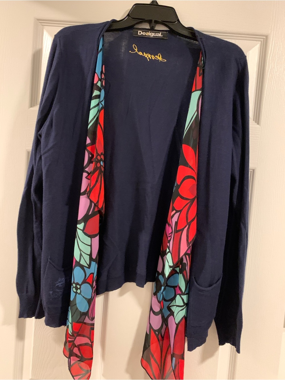 Desigual Navy Cardigan with Multicolor Floral Scarf Detail
